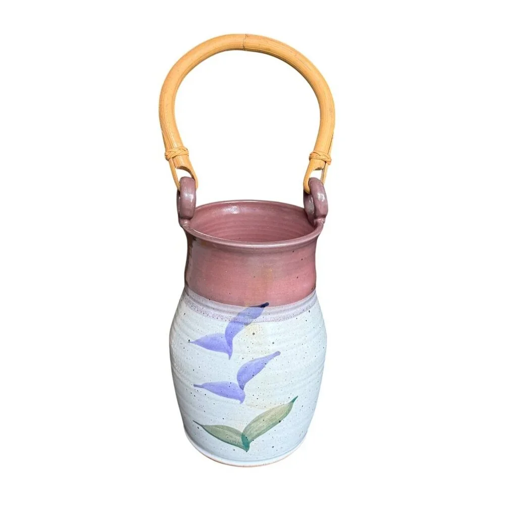 Handmade‎ Studio Pottery Vase w/ Bamboo Handle Purple Gray Green Vessel Abstract